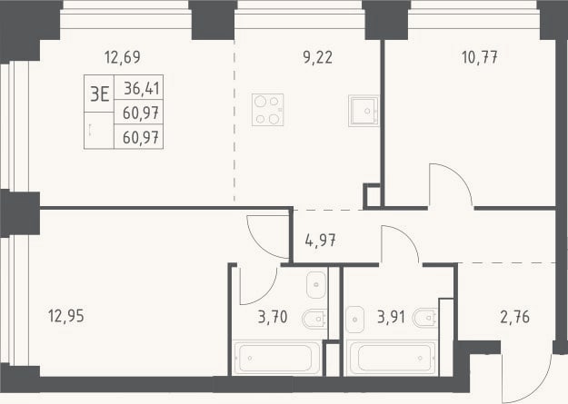Планировка: 3-к, 61 м²