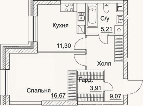 Планировка: 1-к, 46,2 м²