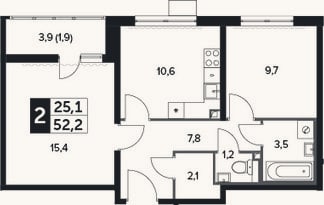 Планировка: 2-к, 51,4 м²