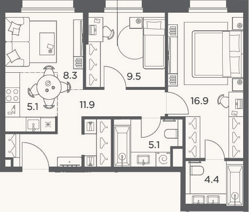 Планировка: 3-к, 61,2 м²
