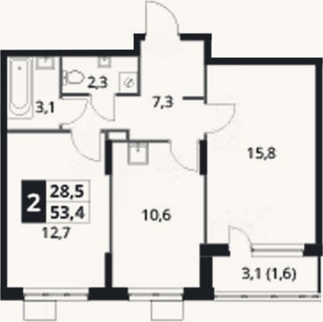 Планировка: 2-к, 51,8 м²
