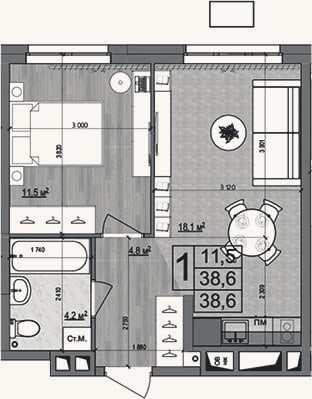 Планировка: 2-к, 38,6 м²