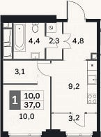 Планировка: 1-к, 33,8 м²
