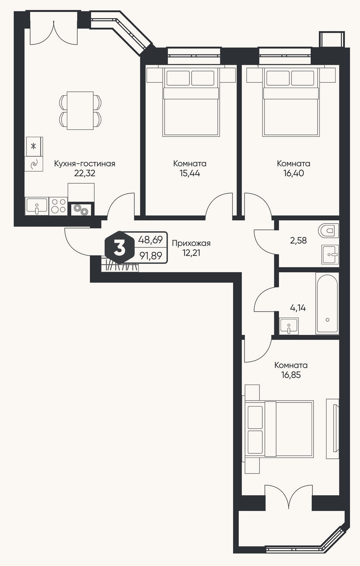 Планировка: 4+ к, 89,9 м²