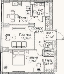 Планировка: 2-к, 61,1 м²