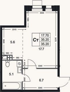 Планировка: Студия, 35,2 м²