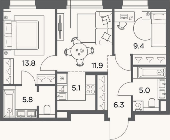 Планировка: 3-к, 57,3 м²
