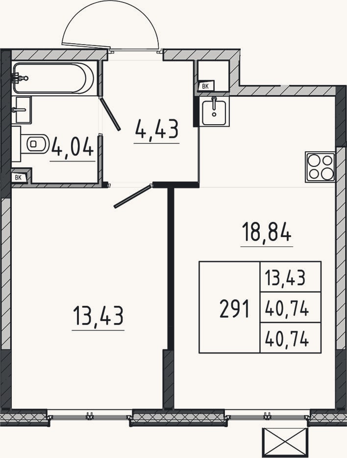 Планировка: 2-к, 40,7 м²