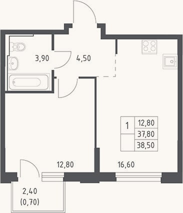Планировка: 2-к, 37,8 м²