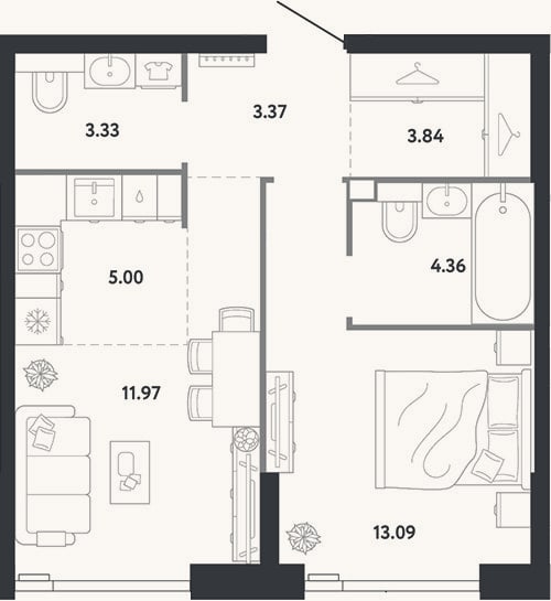 Планировка: 1-к, 45 м²
