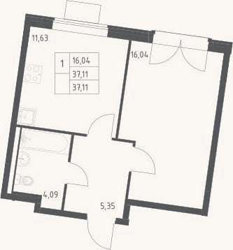 Планировка: 1-к, 37,1 м²