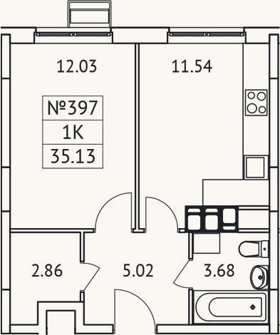 Планировка: 1-к, 35,1 м²