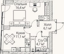Планировка: 1-к, 38,1 м²