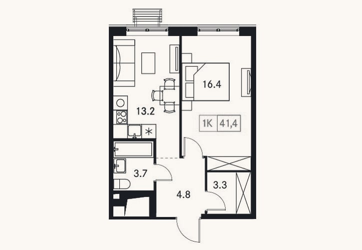 Планировка: 1-к, 41,4 м²