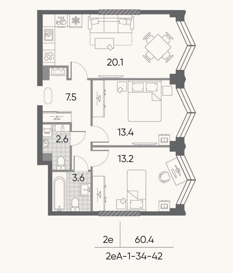 Планировка: 3-к, 60,4 м²