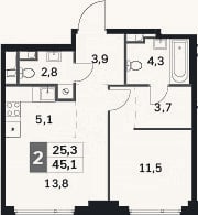 Планировка: 2-к, 45,1 м²