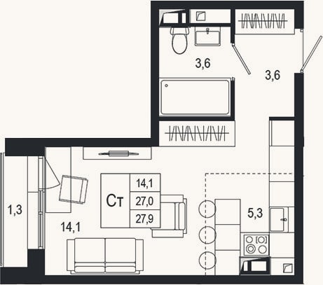 Планировка: Студия, 27 м²
