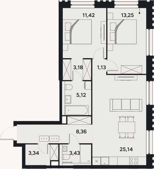 Планировка: 3-к, 74,4 м²
