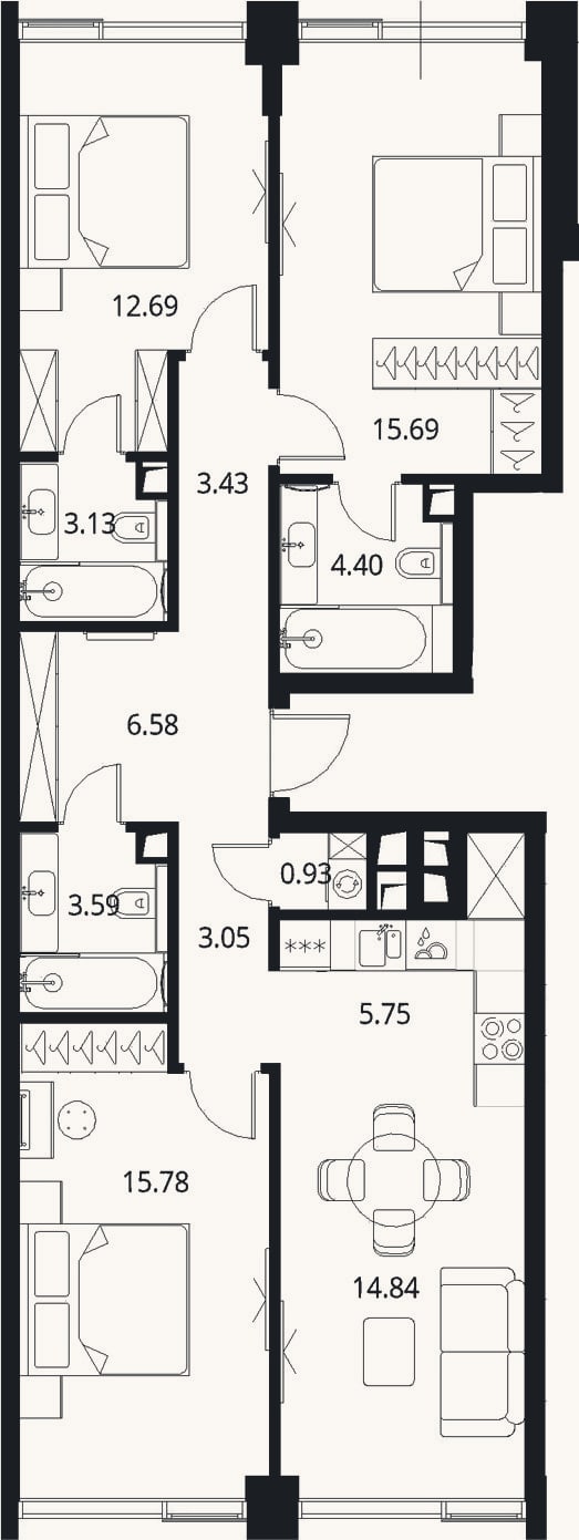 Планировка: 4+ к, 89,9 м²