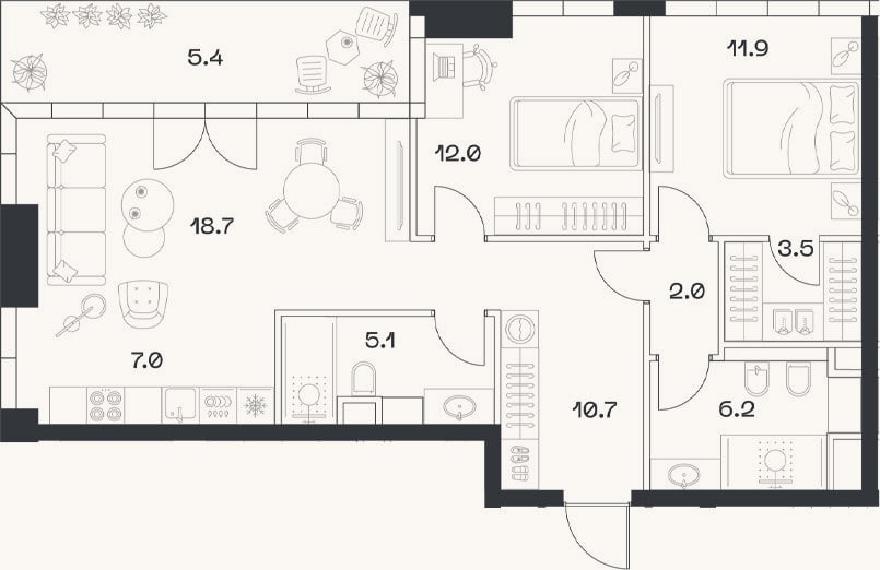 Планировка: 3-к, 77,1 м²