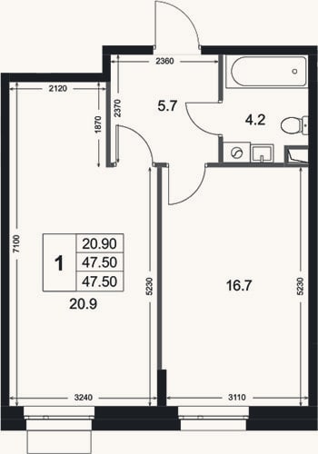Планировка: 1-к, 47,5 м²