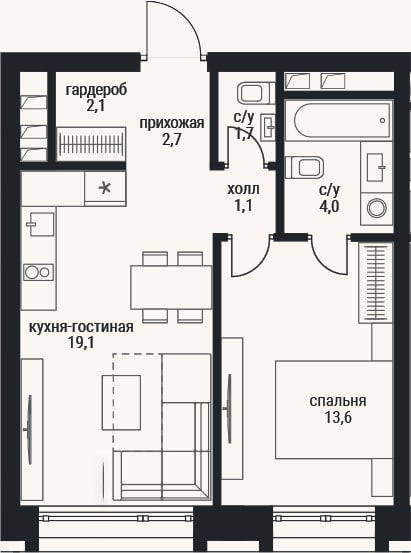 Планировка: 2-к, 44,3 м²