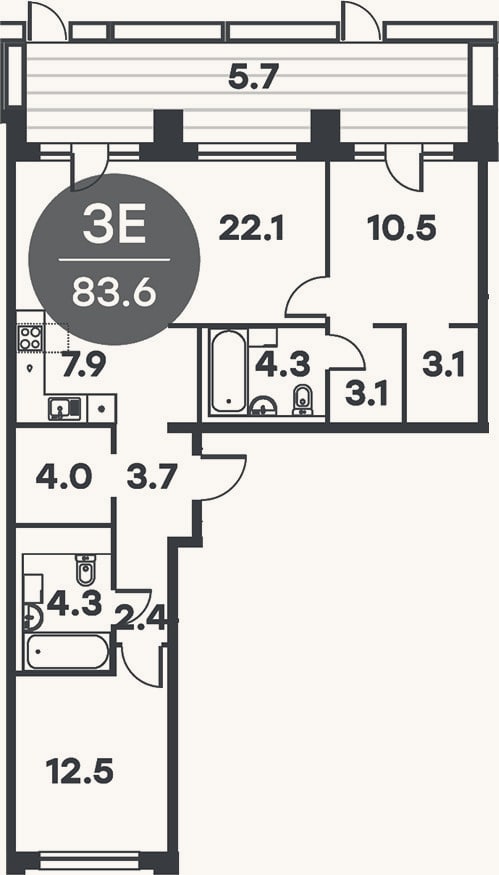 Планировка: 3-к, 82,4 м²