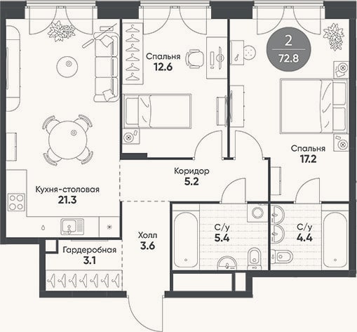 Планировка: 3-к, 72,8 м²