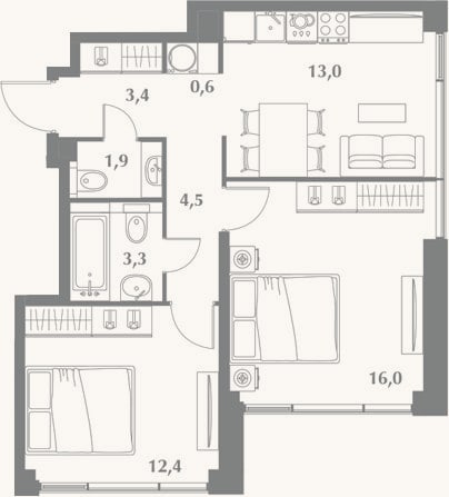 Планировка: 2-к, 55,1 м²