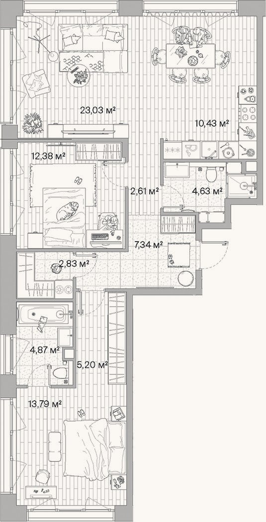 Планировка: 3-к, 87,1 м²