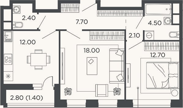 Планировка: 2-к, 59,4 м²