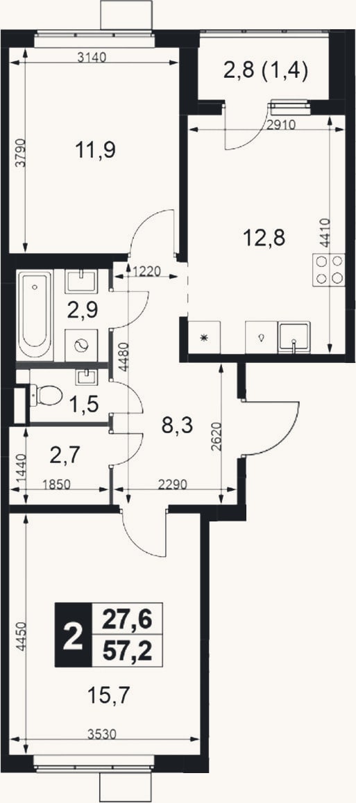 Планировка: 2-к, 55,8 м²