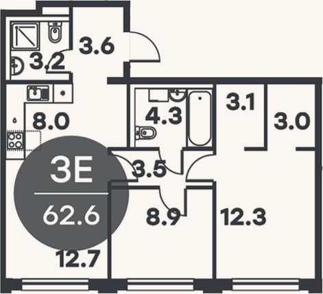 Планировка: 3-к, 62,6 м²