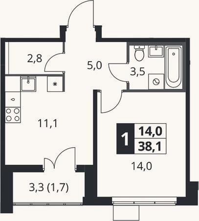 Планировка: 1-к, 36,4 м²