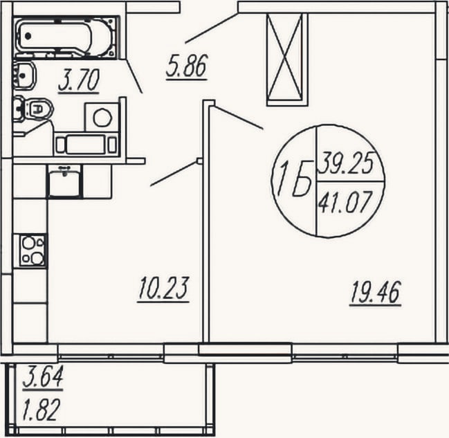 Планировка: 1-к, 39,3 м²