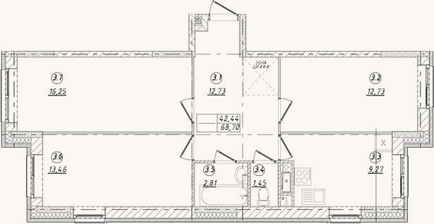 Планировка: 3-к, 68,7 м²