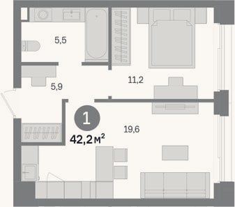 Планировка: 1-к, 42,2 м²