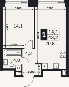Планировка: 2-к, 43,2 м²