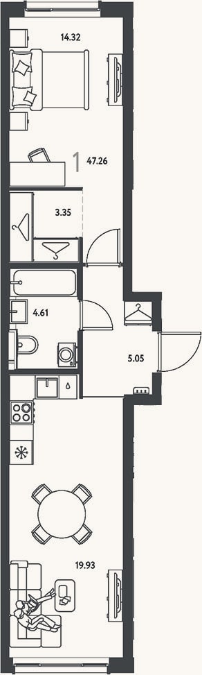 Планировка: 1-к, 47,3 м²