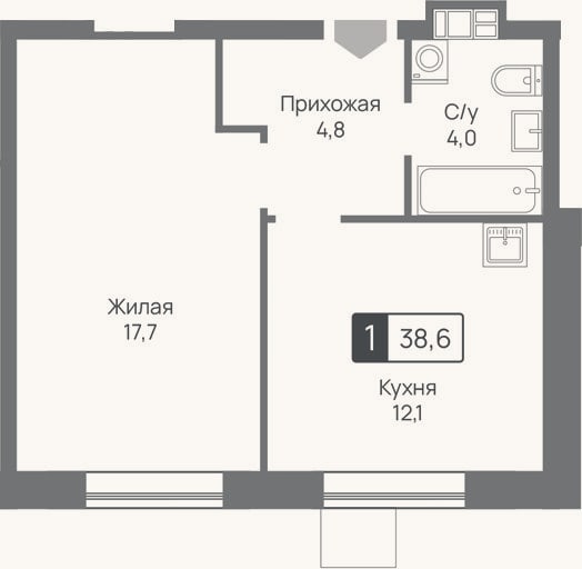 Планировка: 1-к, 38,6 м²