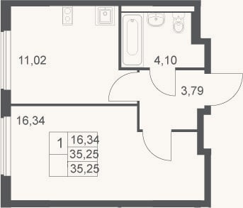 Планировка: 1-к, 35,3 м²