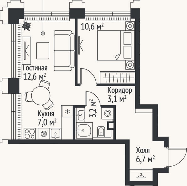 Планировка: 2-к, 43,2 м²