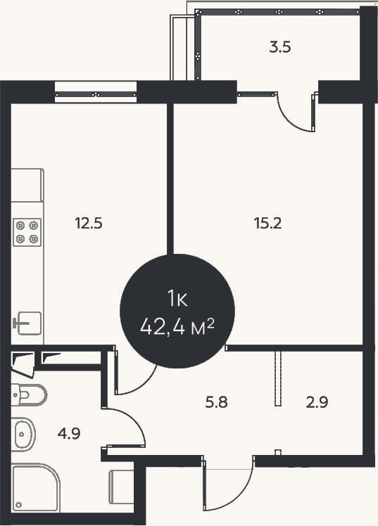 Планировка: 1-к, 41,3 м²