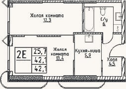 Планировка: 2-к, 46,6 м²