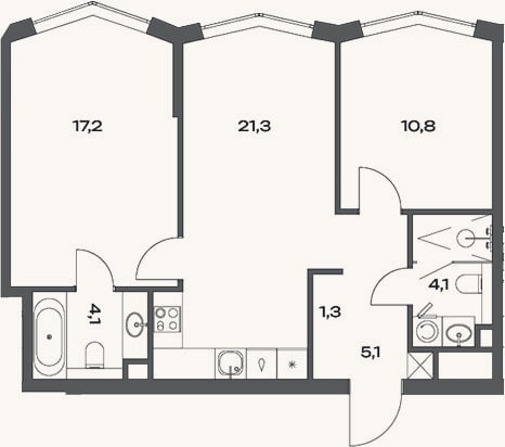 Планировка: 3-к, 64,9 м²