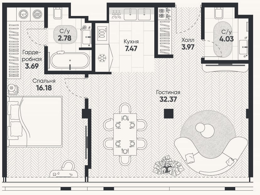 Планировка: 2-к, 73,5 м²