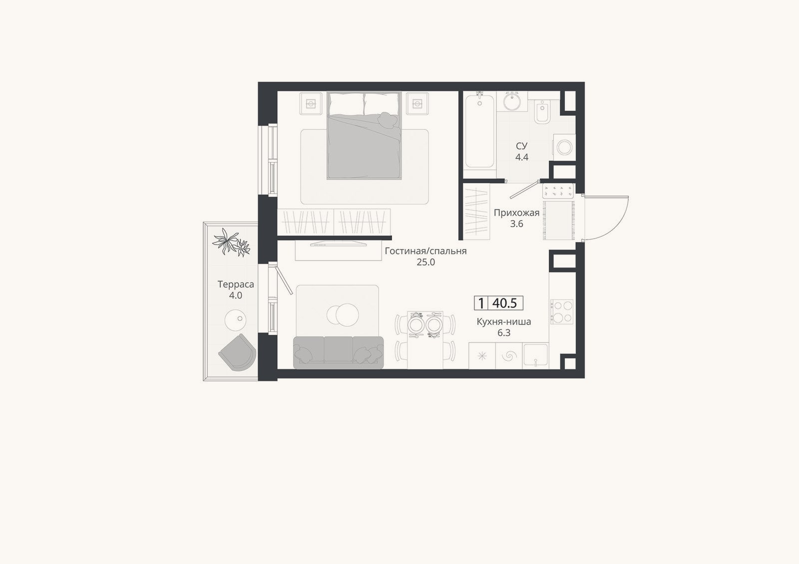 Планировка: Студия, 39,3 м²