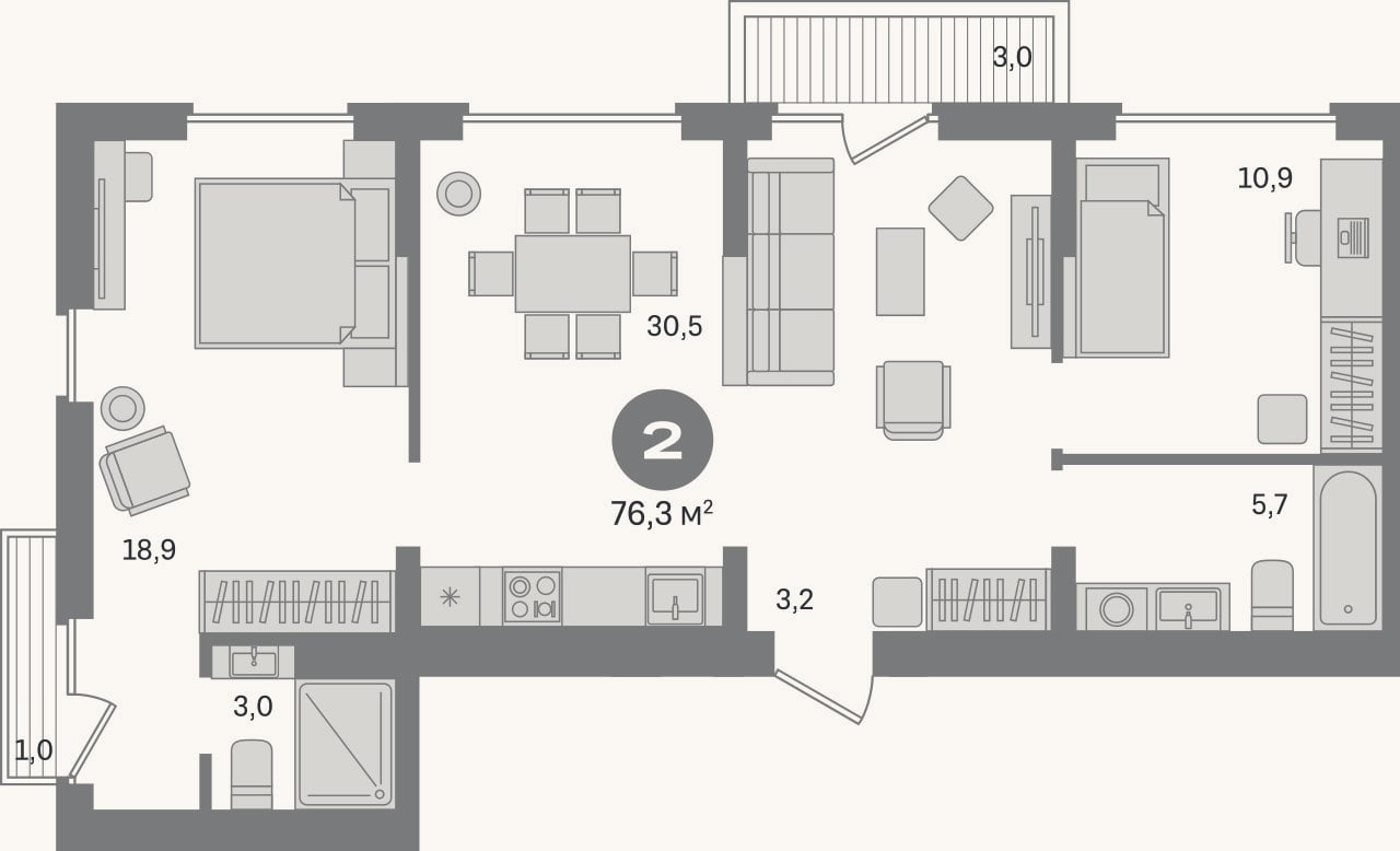 Планировка: 2-к, 72 м²