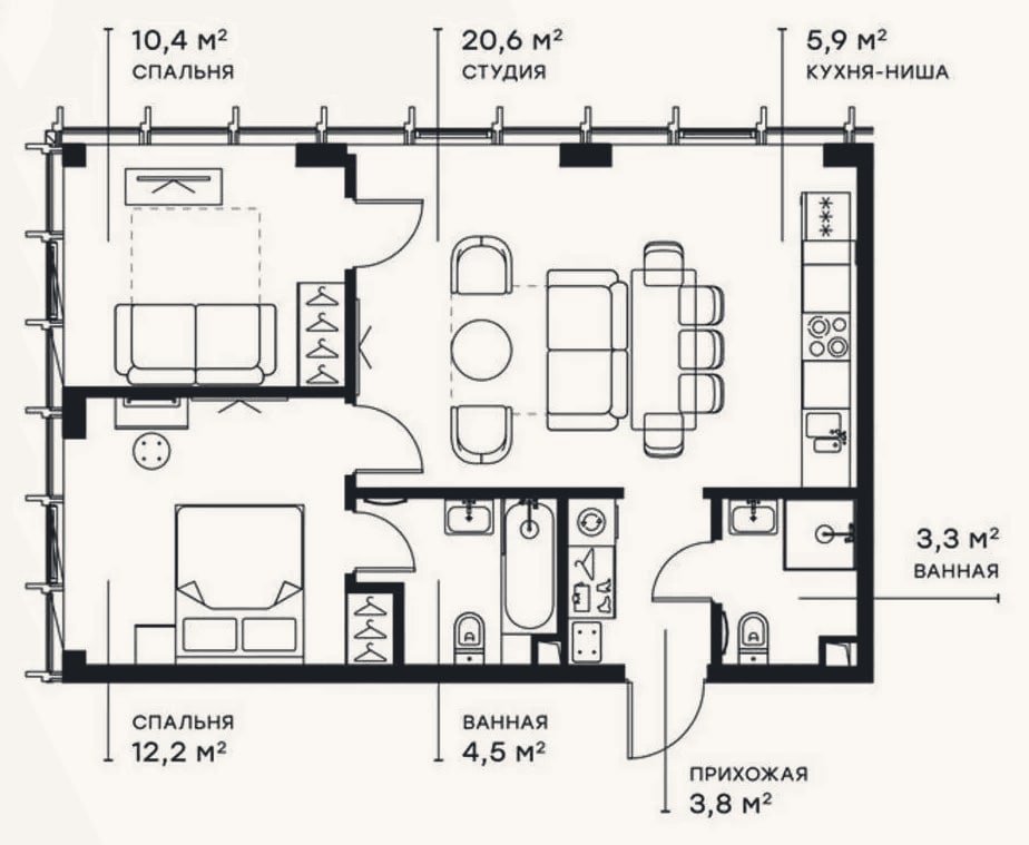 Планировка: 3-к, 60,8 м²