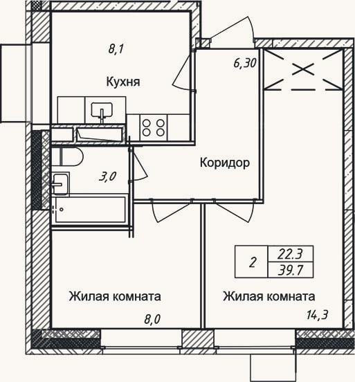Планировка: 2-к, 39,7 м²